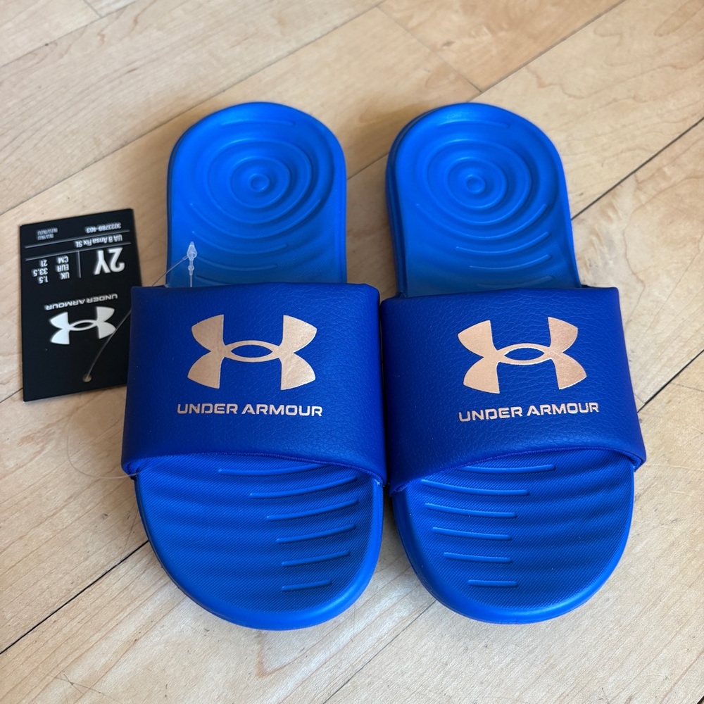 NEW Youth Size 2 Blue and Gold Under Armour Slide Sandals